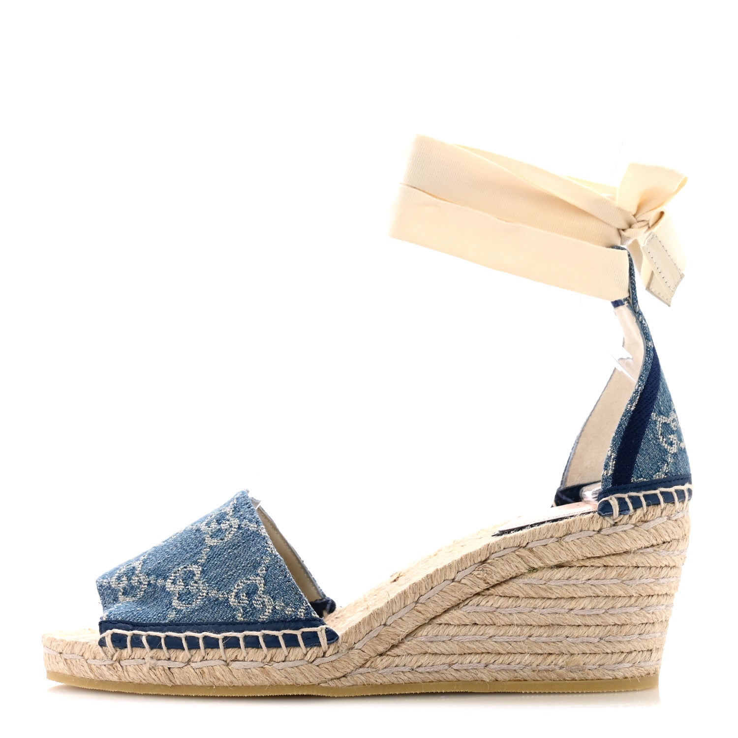 Gucci New Denim GG Monogram Pilar Ankle Wrap Espadrille Wedge Sandals 37 Light Blue 1 of 11