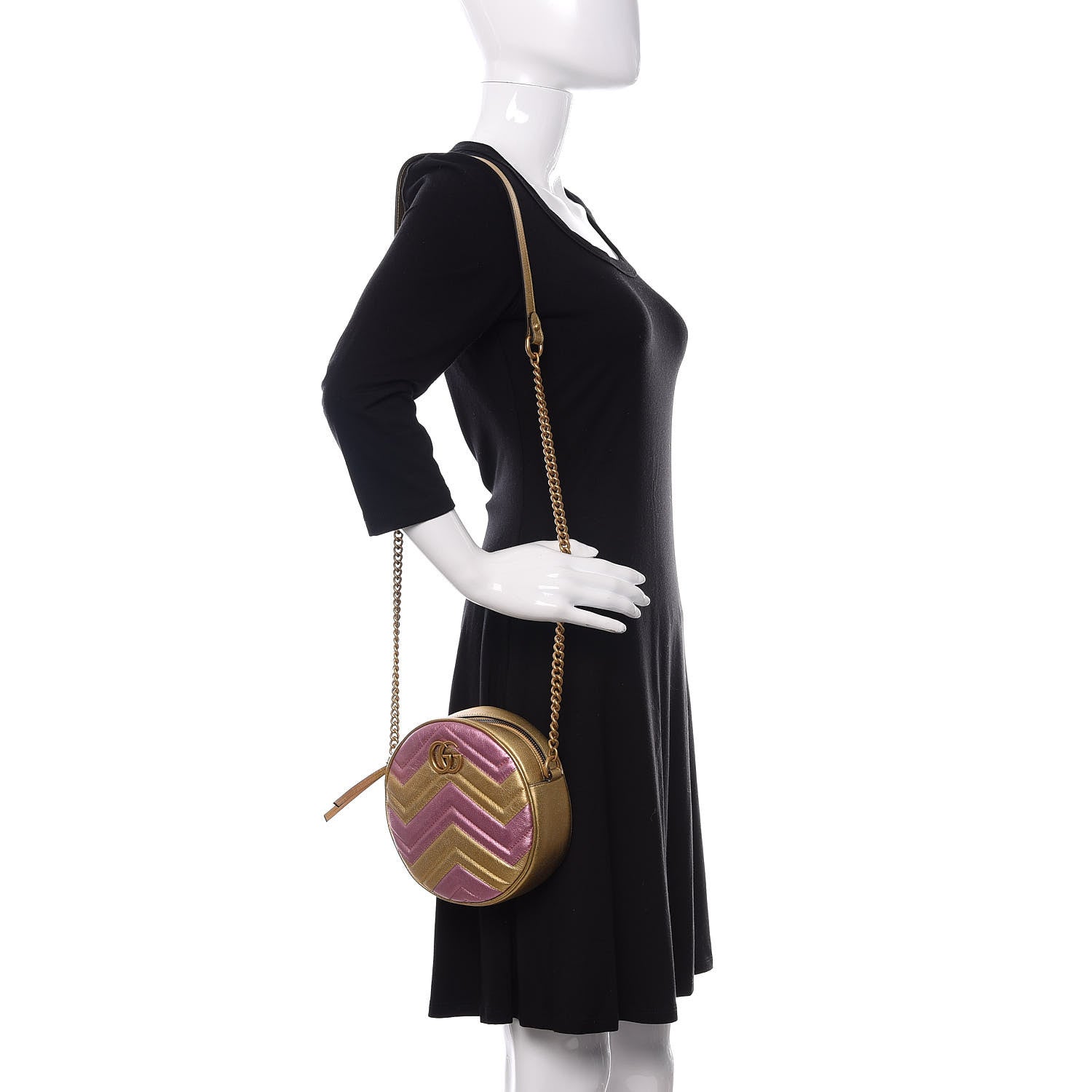 Gucci Metallic Calfskin Matelasse Mini GG Marmont Round Shoulder Bag Gold Pink 2 of 11
