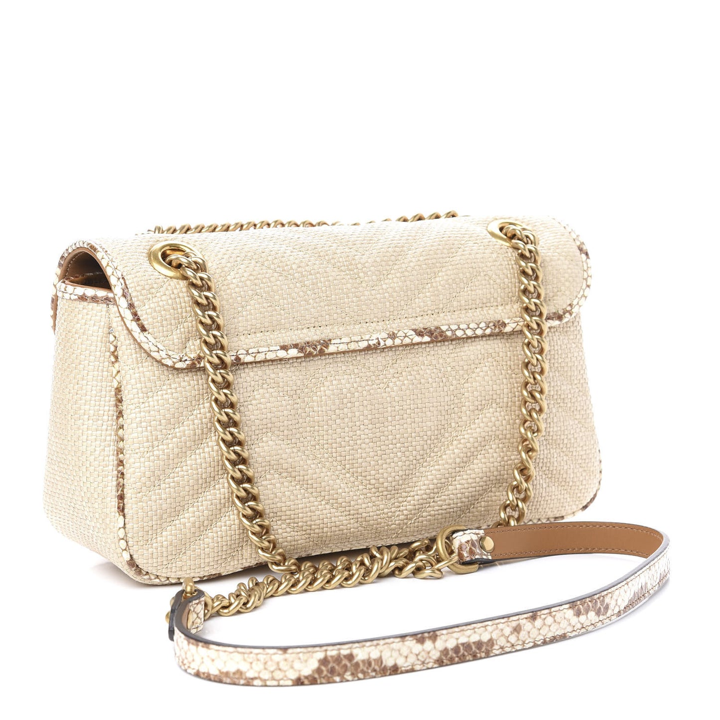 Raffia Elaphe Matelasse Small GG Marmont Shoulder Bag Natural Cream Brown