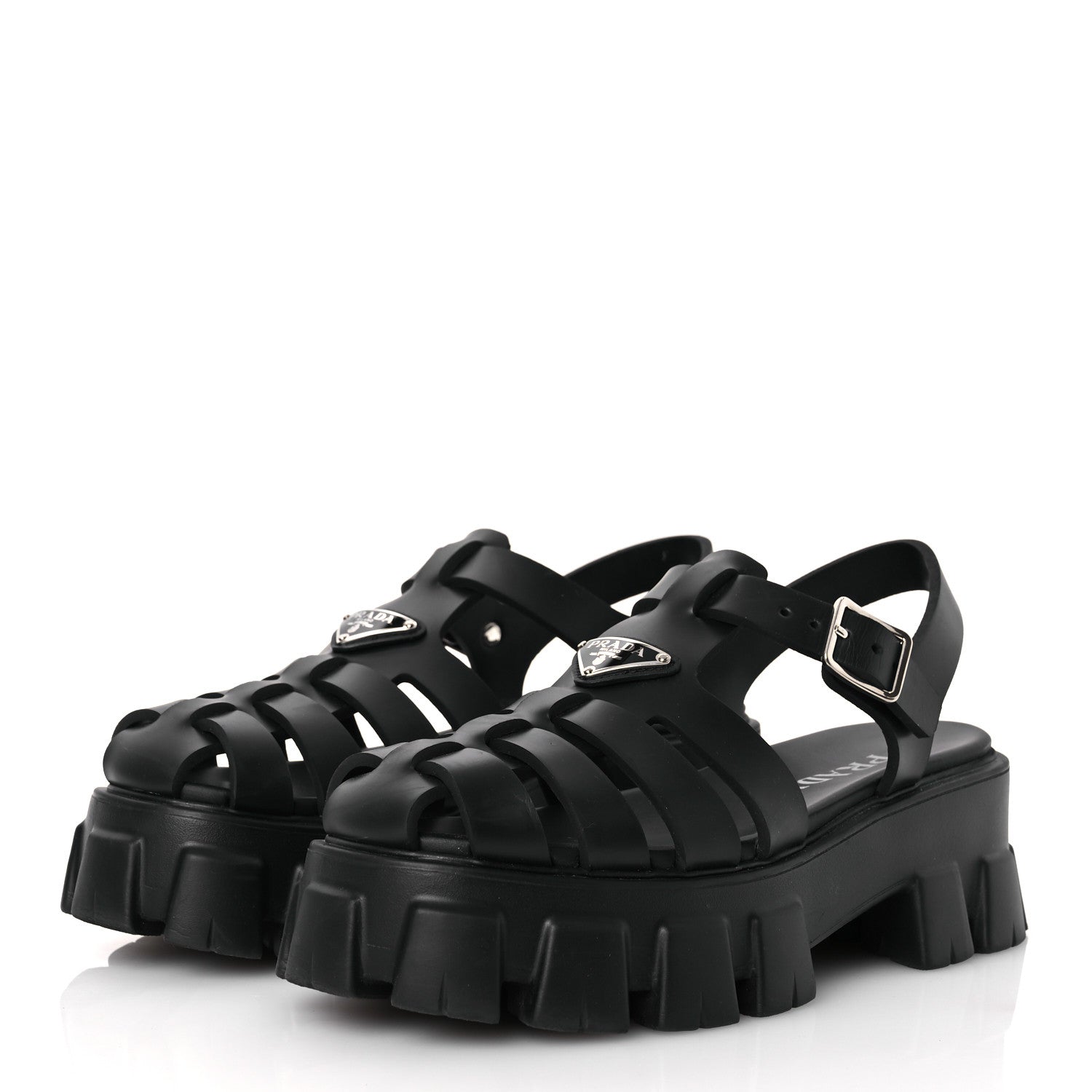 Prada Foam Rubber Triangle Logo Monolith 55mm Cage Sandals 40 Black 4 of 14