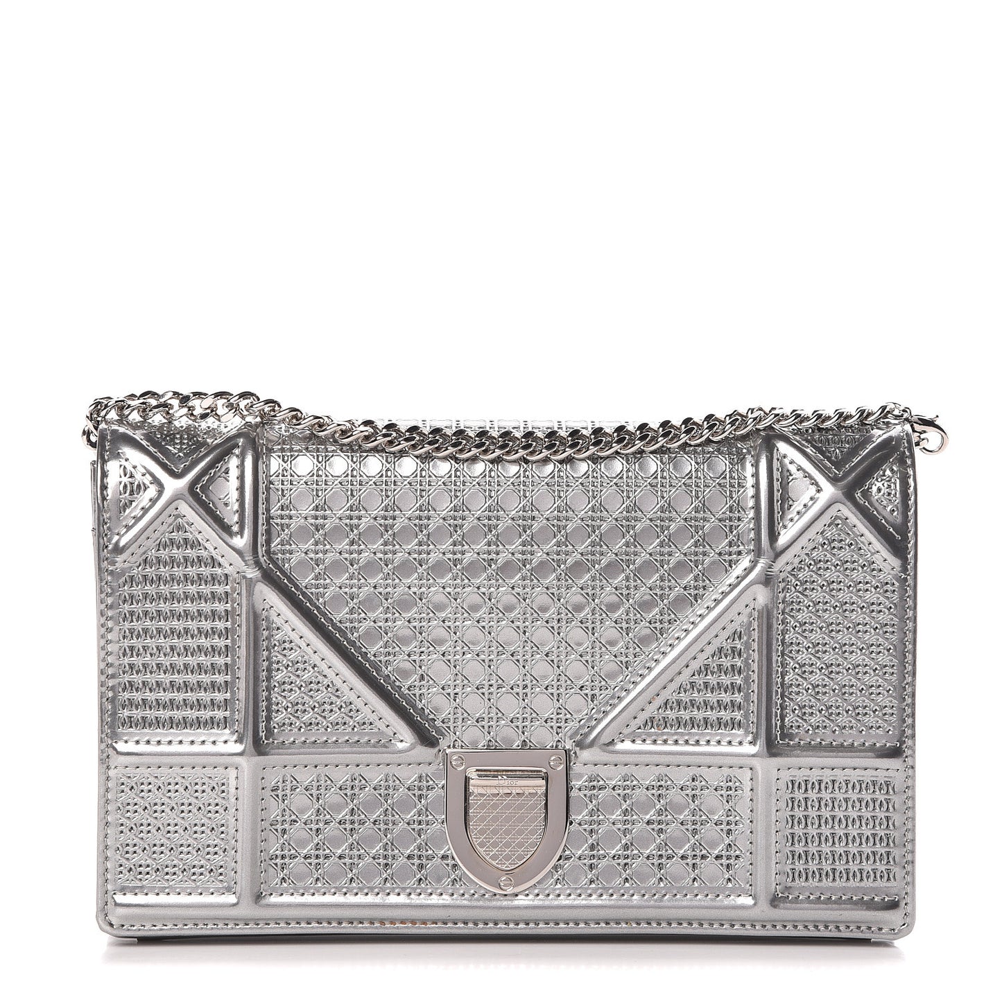 Metallic Patent Micro-Cannage Diorama Wallet on Chain Pouch Silver