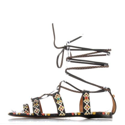 Valentino Garavani Calfskin Primitive Print Gladiator Sandals 36 Black Multi 1 of 7