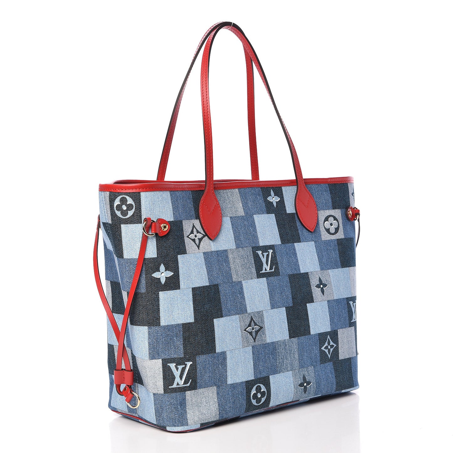 Denim Damier Monogram Patchwork Neverfull Blue Rouge
