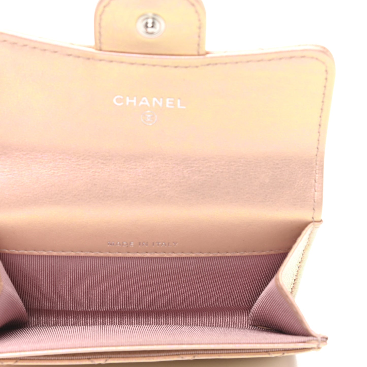 Iridescent Calfskin Quilted Flap Card Holder Wallet Pink