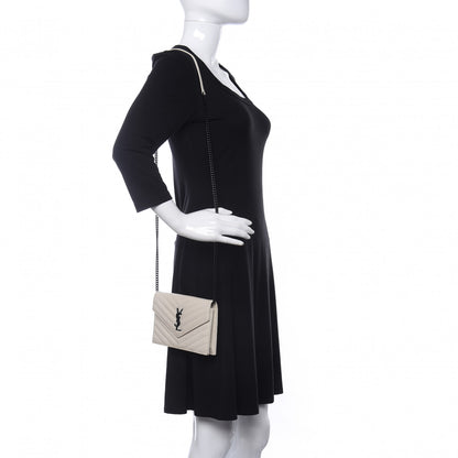 Saint Laurent Grain De Poudre Matelasse Chevron Monogram Envelope Chain Wallet Dove White 2 of 9