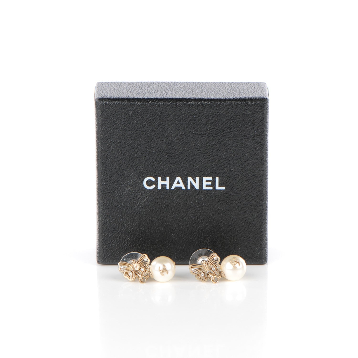 Chanel Pearl Crystal CC Butterfly Drop Earrings Gold 6 of 6
