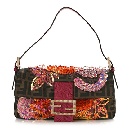 Fendi Lizard Zucca Crystal Floral Beaded Baguette Tobacco Multicolor 1 of 8