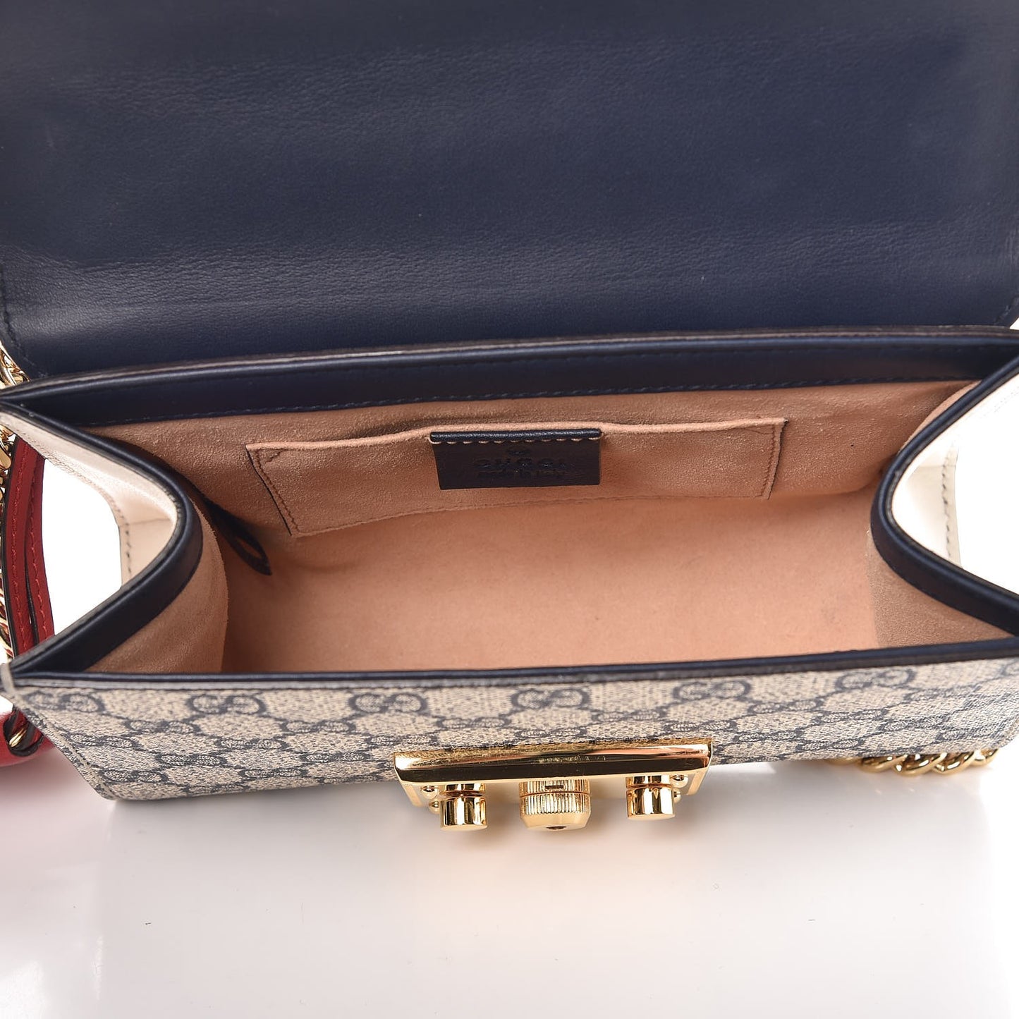 GG Supreme Monogram Moon Calfskin Small Padlock Shoulder Bag Beige Blue Mystic White Hibiscus Red