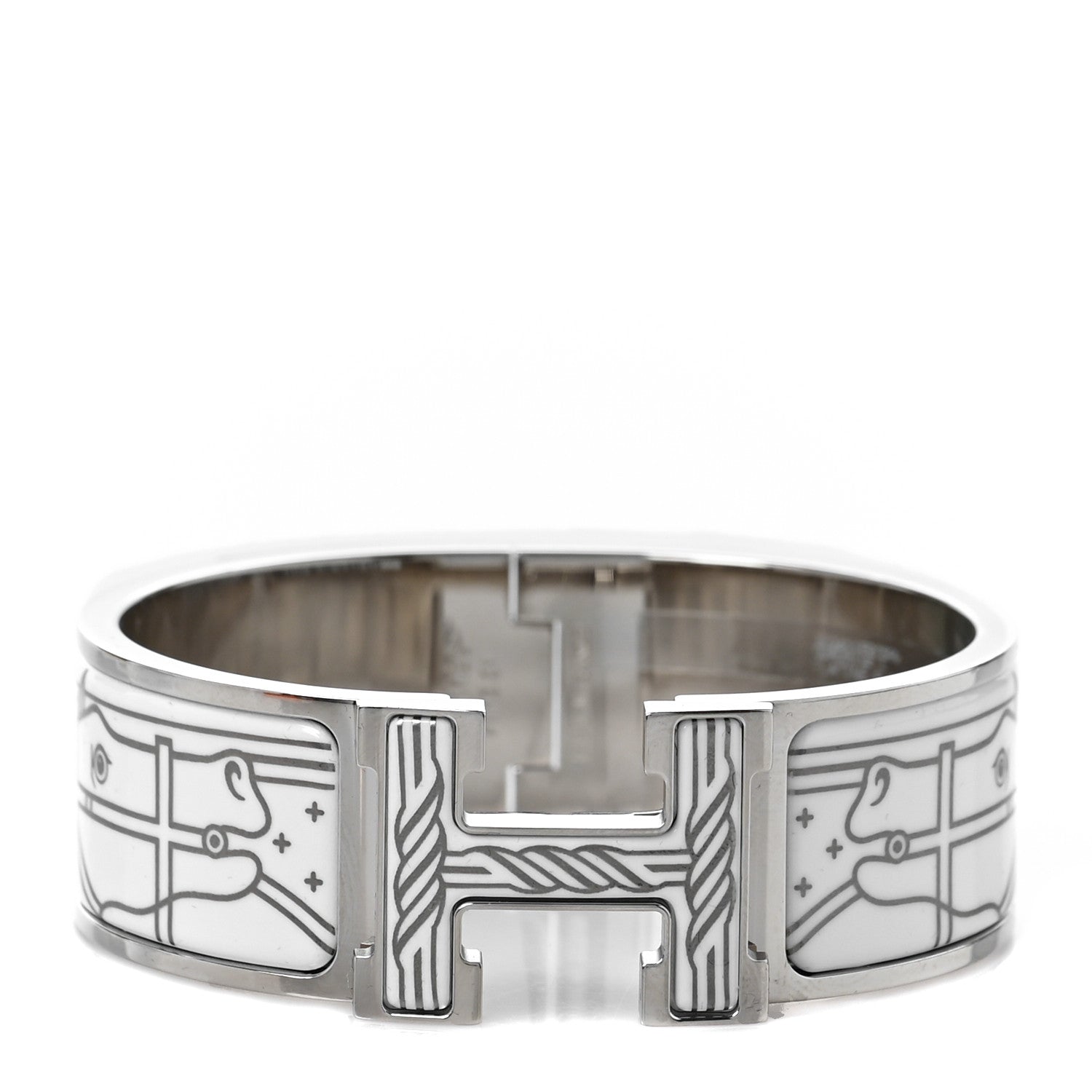 Hermes Enamel Printed Quadrige Au Fil Wide Clic Clac H Bracelet PM Or White 1 of 4