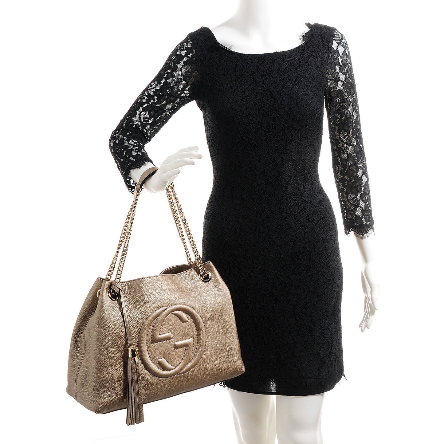 Metallic Pebbled Calfskin Medium Soho Chain Shoulder Bag Golden Beige