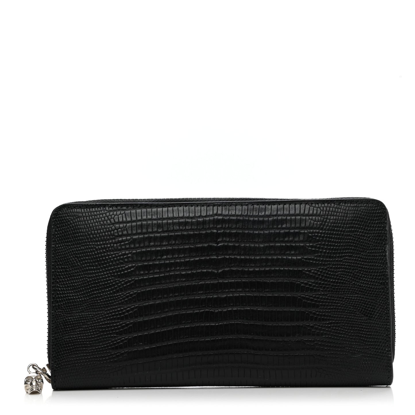 Calfskin Lizard Embossed Skull Continental Zip Wallet Black