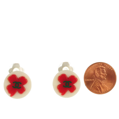 Chanel Resin CC Clover Clip On Earrings Red White 2 of 4