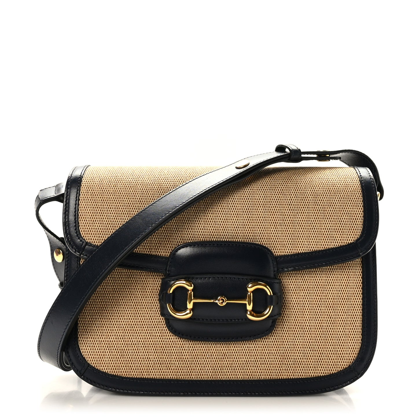 Vintage Rice Canvas Plutone Calfskin Horsebit 1955 Shoulder Bag Beige Blue