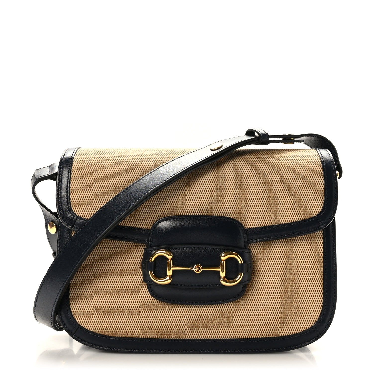 Gucci Vintage Rice Canvas Plutone Calfskin Horsebit 1955 Shoulder Bag Beige Blue 1 of 9