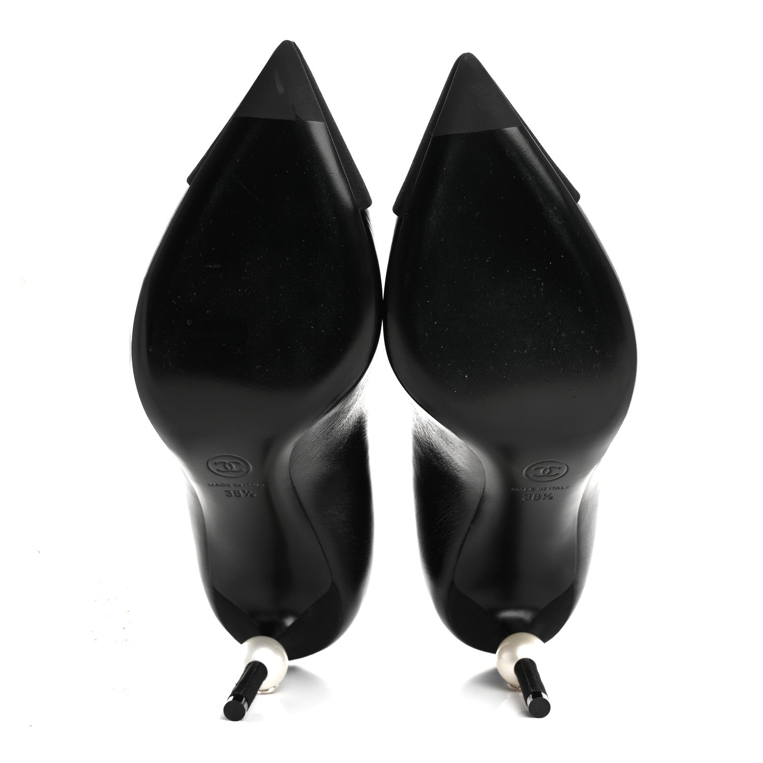 Chanel Shiny Calfskin Grosgrain Cap Toe CC Pearl Pumps 38.5 Black 6 of 10