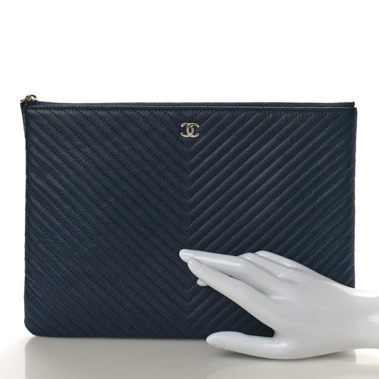 Caviar Chevron Quilted Medium Cosmetic Case Navy