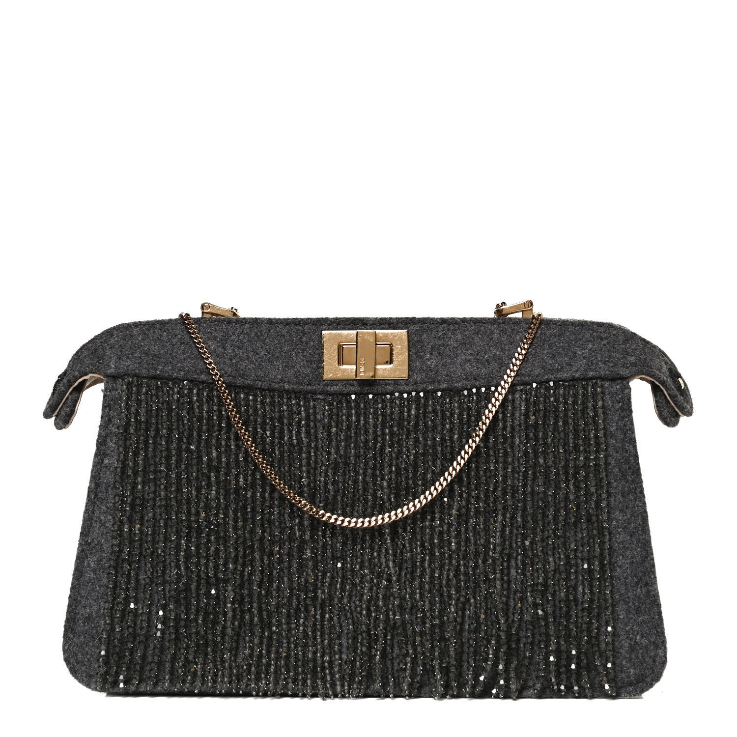 Fendi Flannel Bead Embroidered Small Peekaboo I SEE U East West Chain Satchel Grigio Bois de Rose 2 of 23