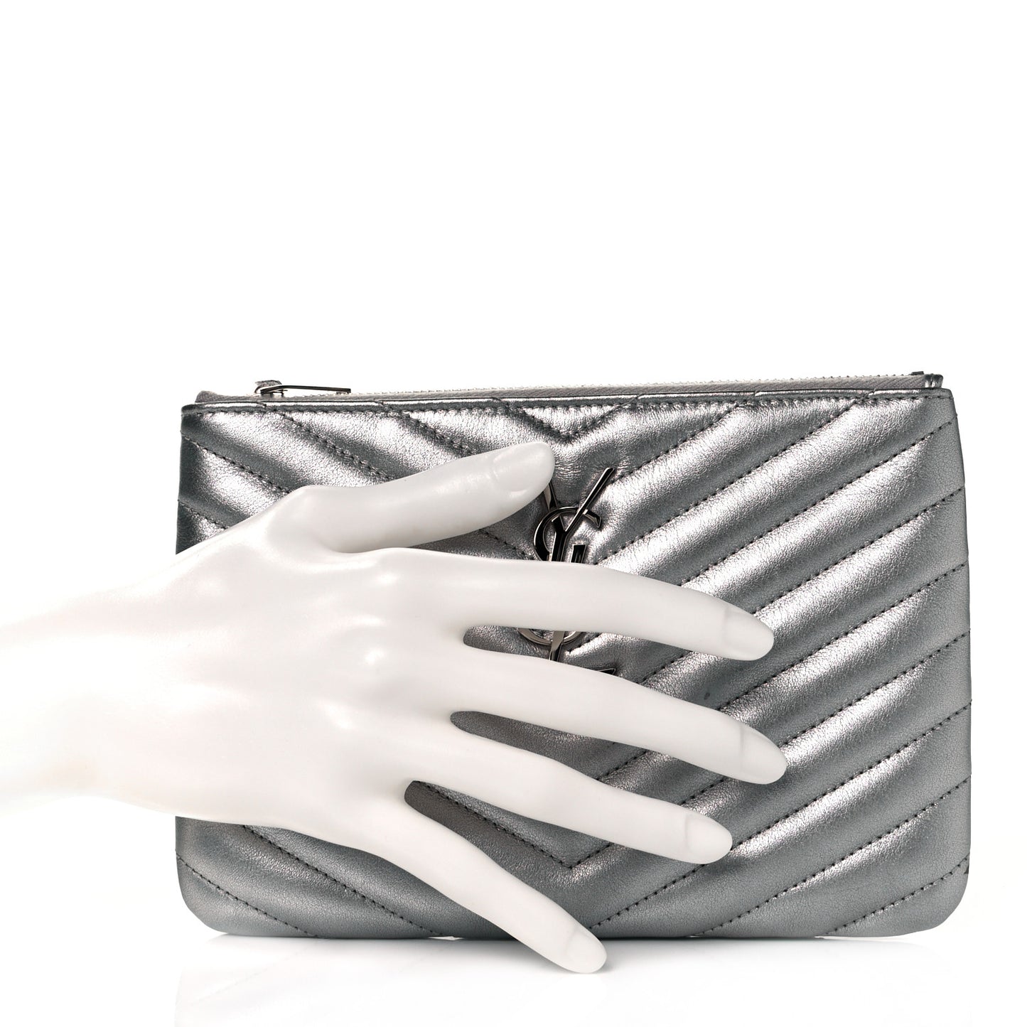 Metallic Calfskin Matelasse Chevron Monogram Pouch Silver