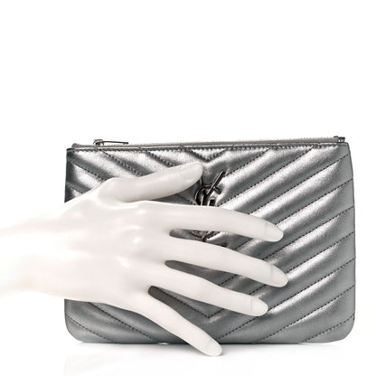 Saint Laurent Metallic Calfskin Matelasse Chevron Monogram Pouch Silver 2 of 10