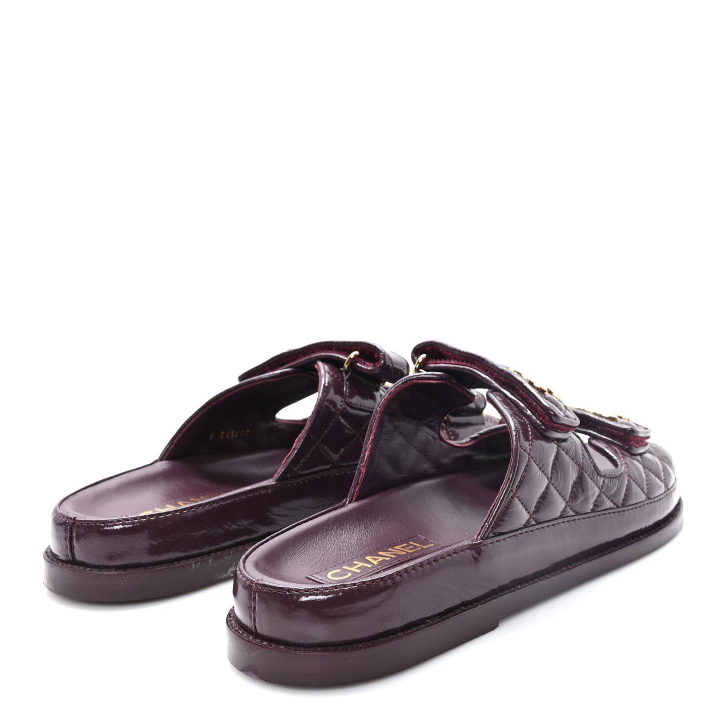 Shiny Calfskin Quilted Velcro Dad Pearl CC Slide Sandals 41 Burgundy