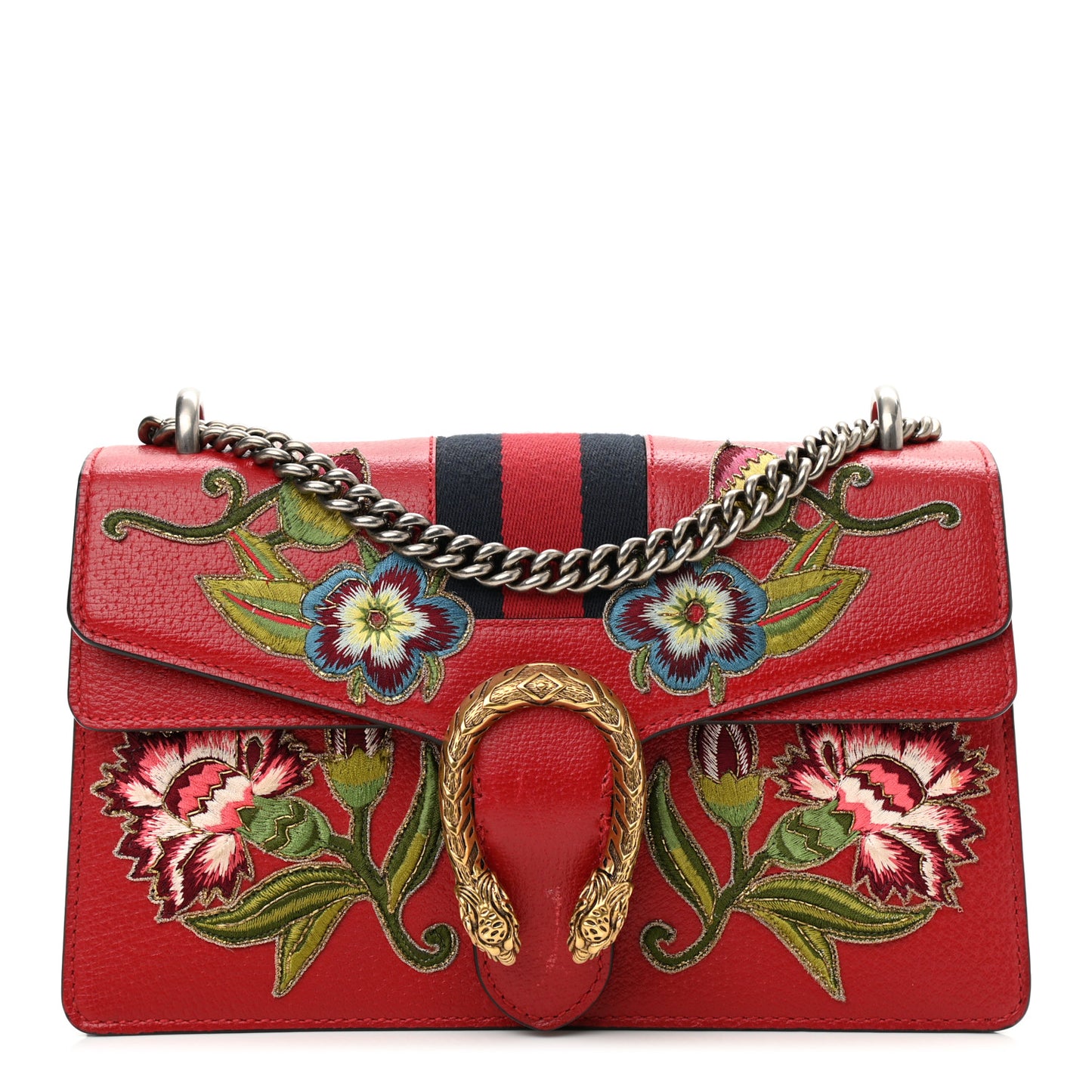 Calfskin Web Floral Embroidered Small Dionysus Shoulder Bag Hibiscus Red