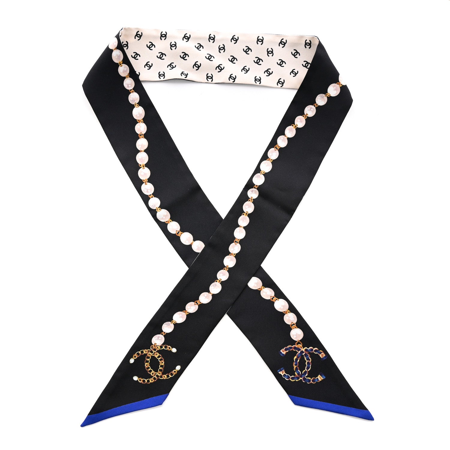 Chanel Silk Pearl CC Chain Slim Bandeau Scarf Dark Grey Blue Ecru 1 of 4