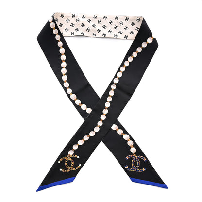 Chanel Silk Pearl CC Chain Slim Bandeau Scarf Dark Grey Blue Ecru 1 of 4