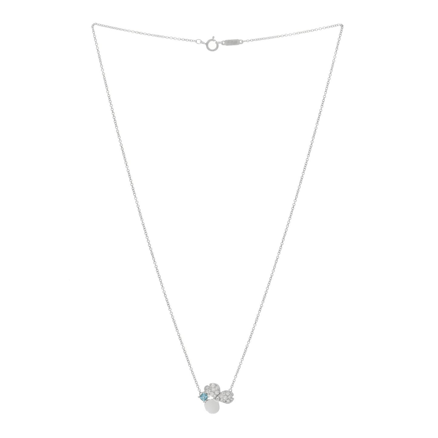 Platinum Diamond Aquamarine Paper Flowers Pendant Necklace