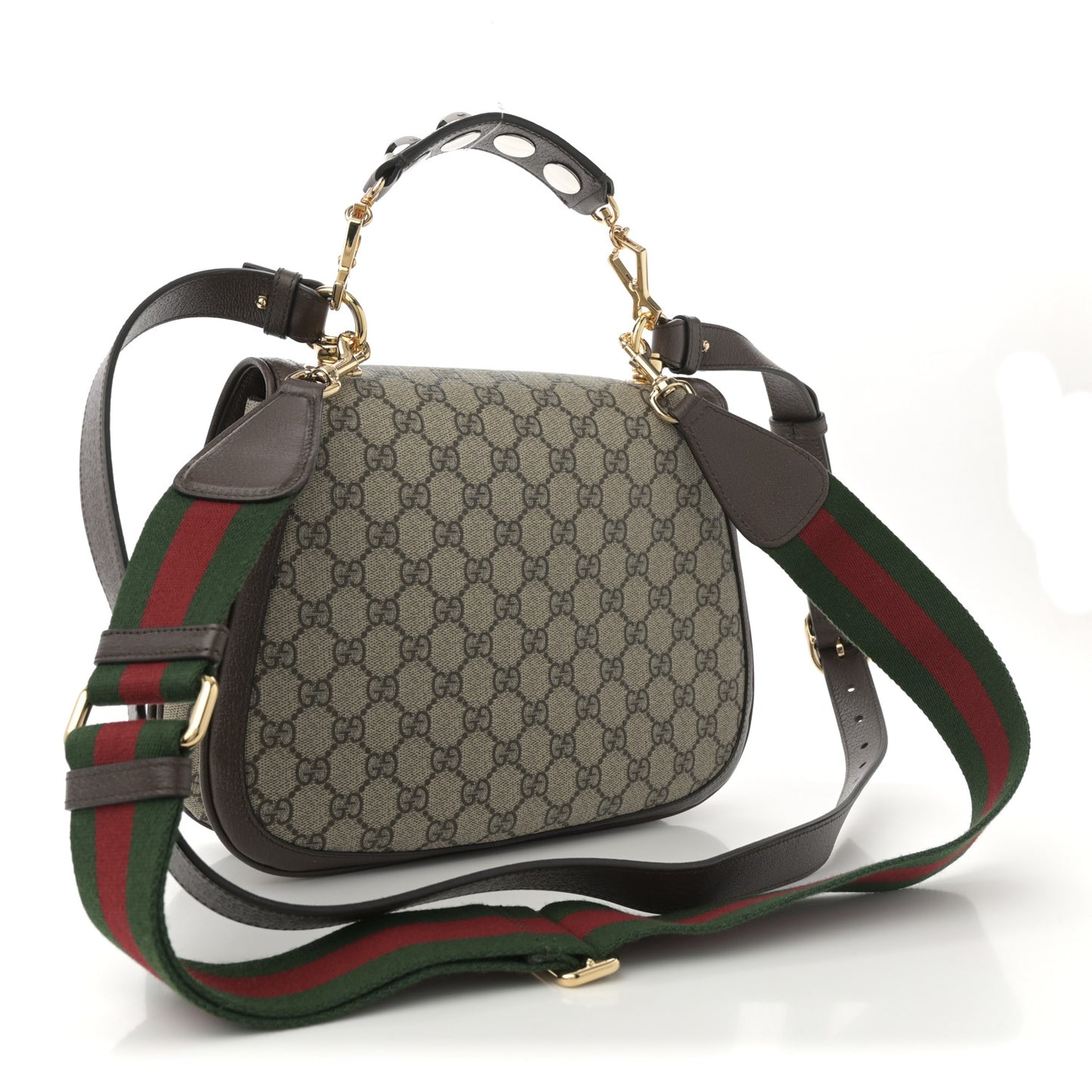 GG Supreme Monogram Textured Dollar Calfskin Web Medium Blondie Top Handle Shoulder Flap Bag Beige Ebony New Acero