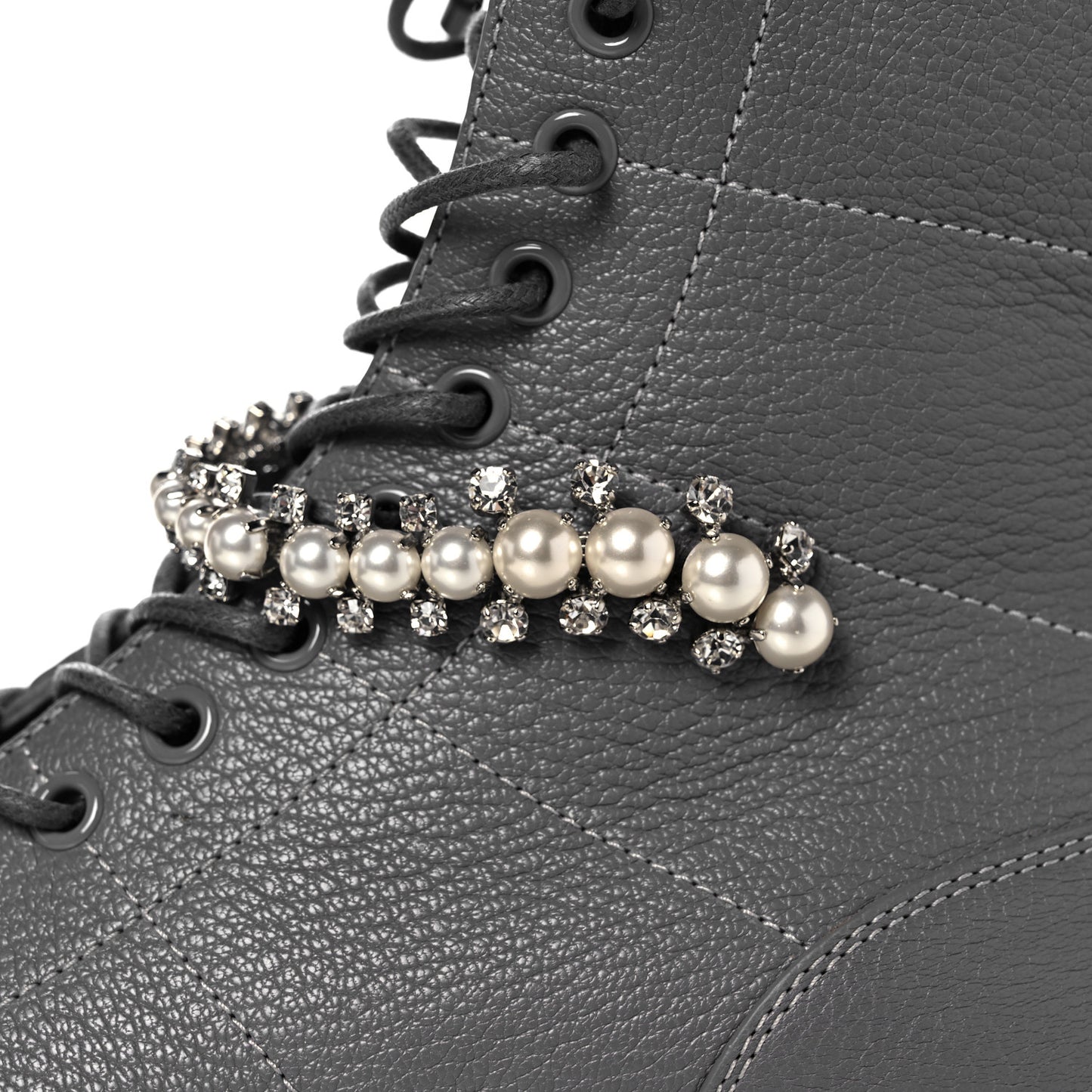 IMMY CHOO Grained Goatskin Pearl Crystal Embellished Cruz Combat Boots 38.5 Grey