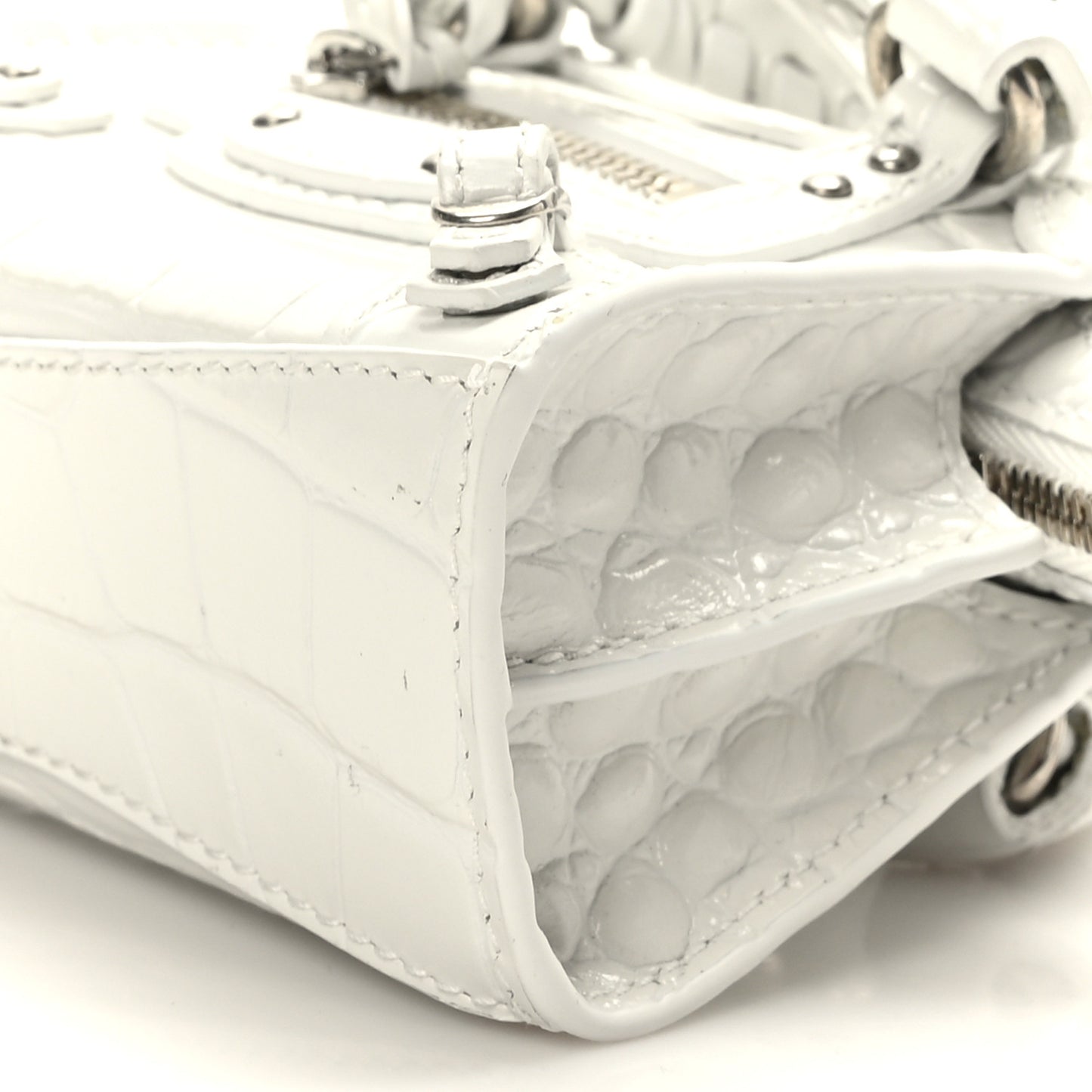 Extra Supple Calfskin Crocodile Embossed Neo Classic Silver Hardware Super Nano City Crossbody White