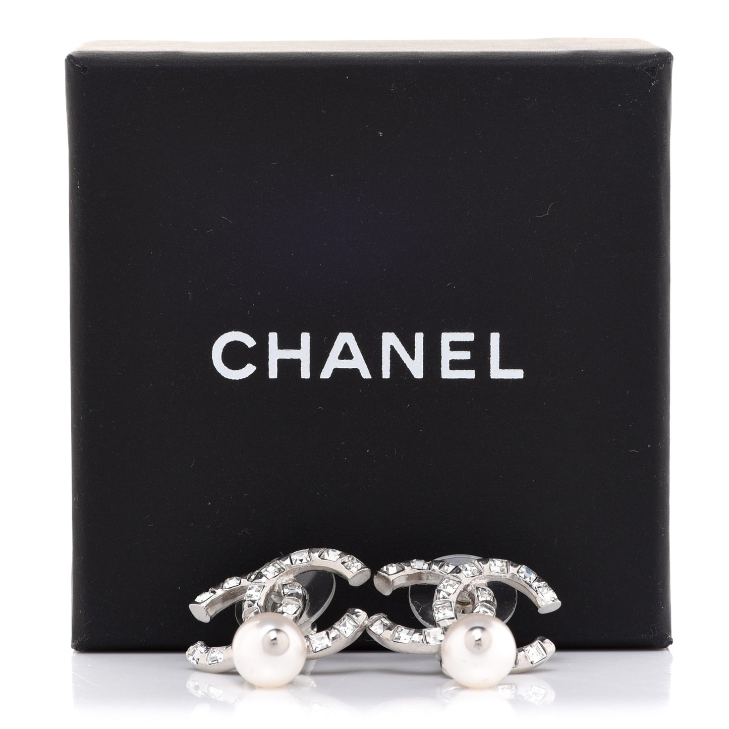 Crystal Baguette Pearl CC Drop Earrings Silver
