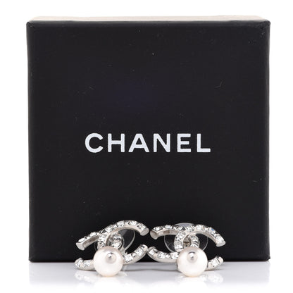 Chanel Crystal Baguette Pearl CC Drop Earrings Silver 5 of 5
