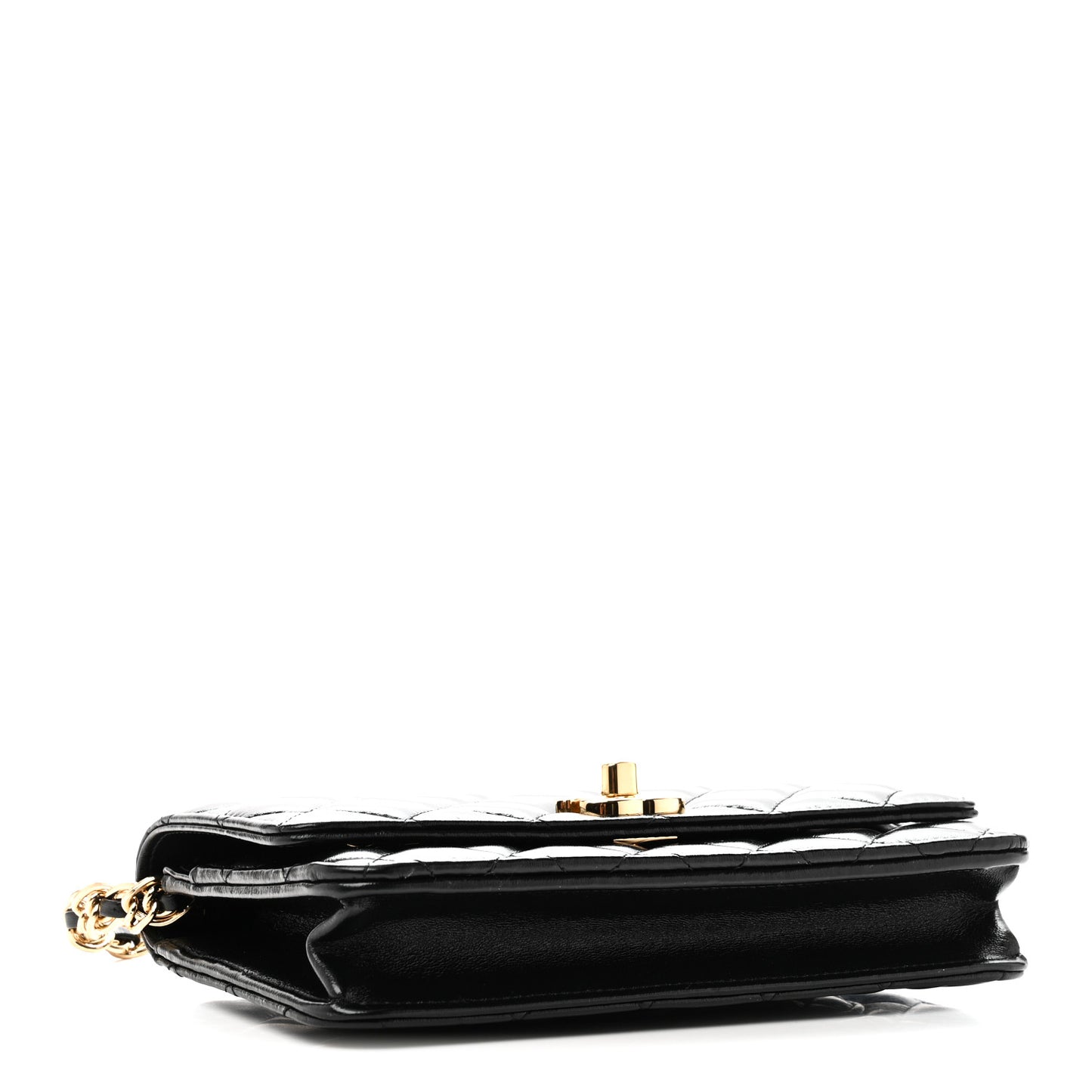 Shiny Lambskin Quilted Golden Links Wallet On Chain WOC Black