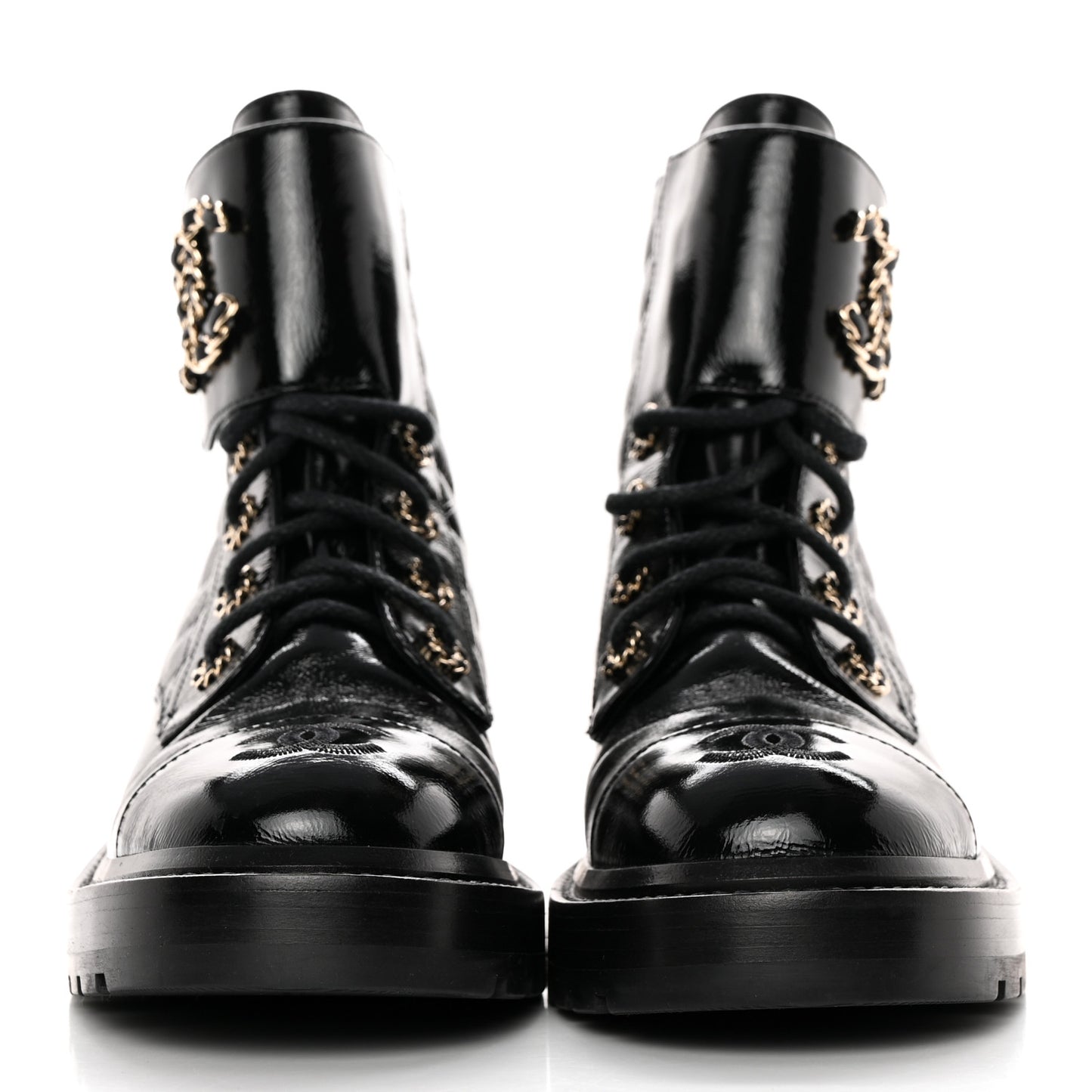 Shiny Calfskin Quilted Lace Up Combat Boots 36.5 Black