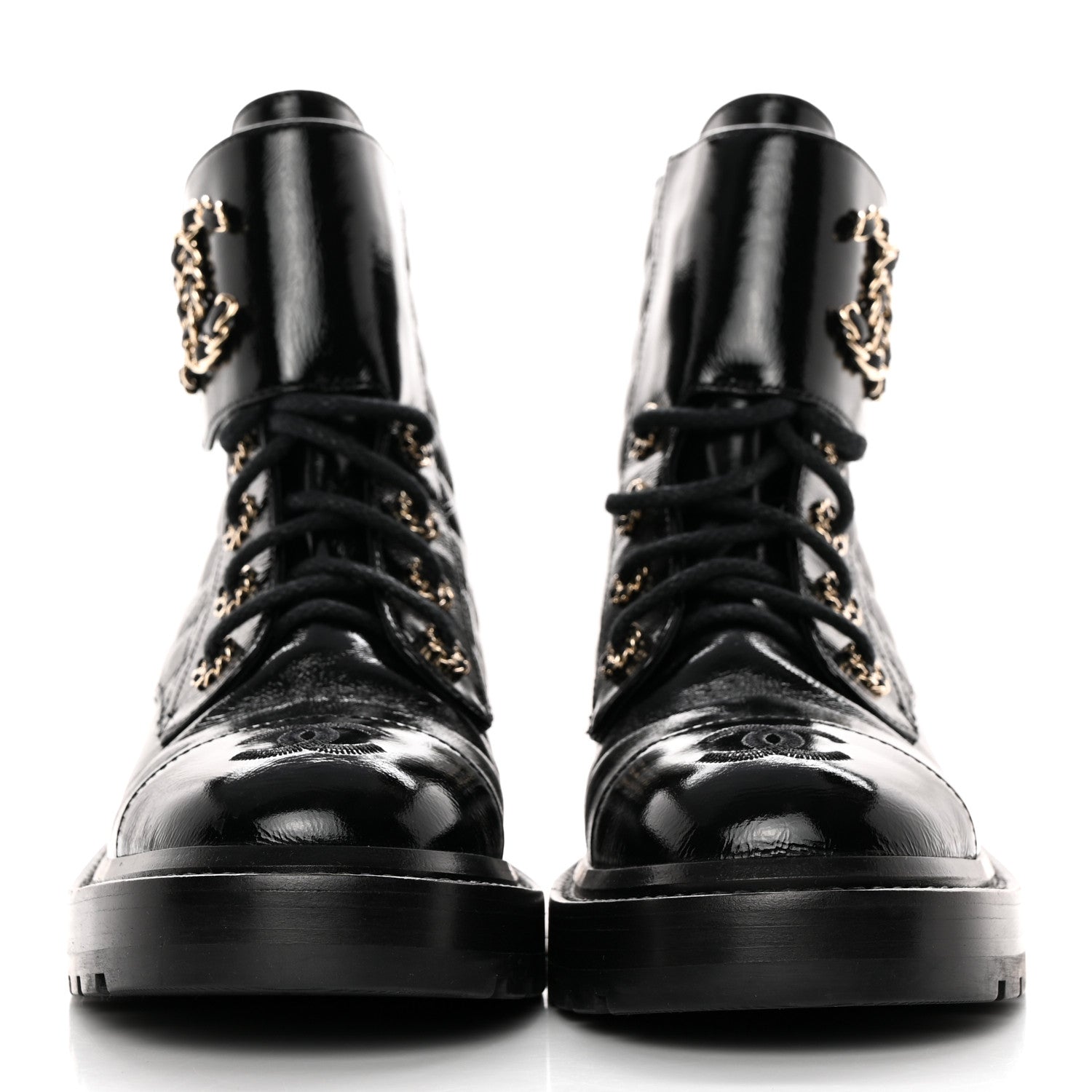 Chanel Shiny Calfskin Quilted Lace Up Combat Boots 36.5 Black 2 of 11