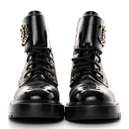 Chanel Shiny Calfskin Quilted Lace Up Combat Boots 36.5 Black 2 of 11