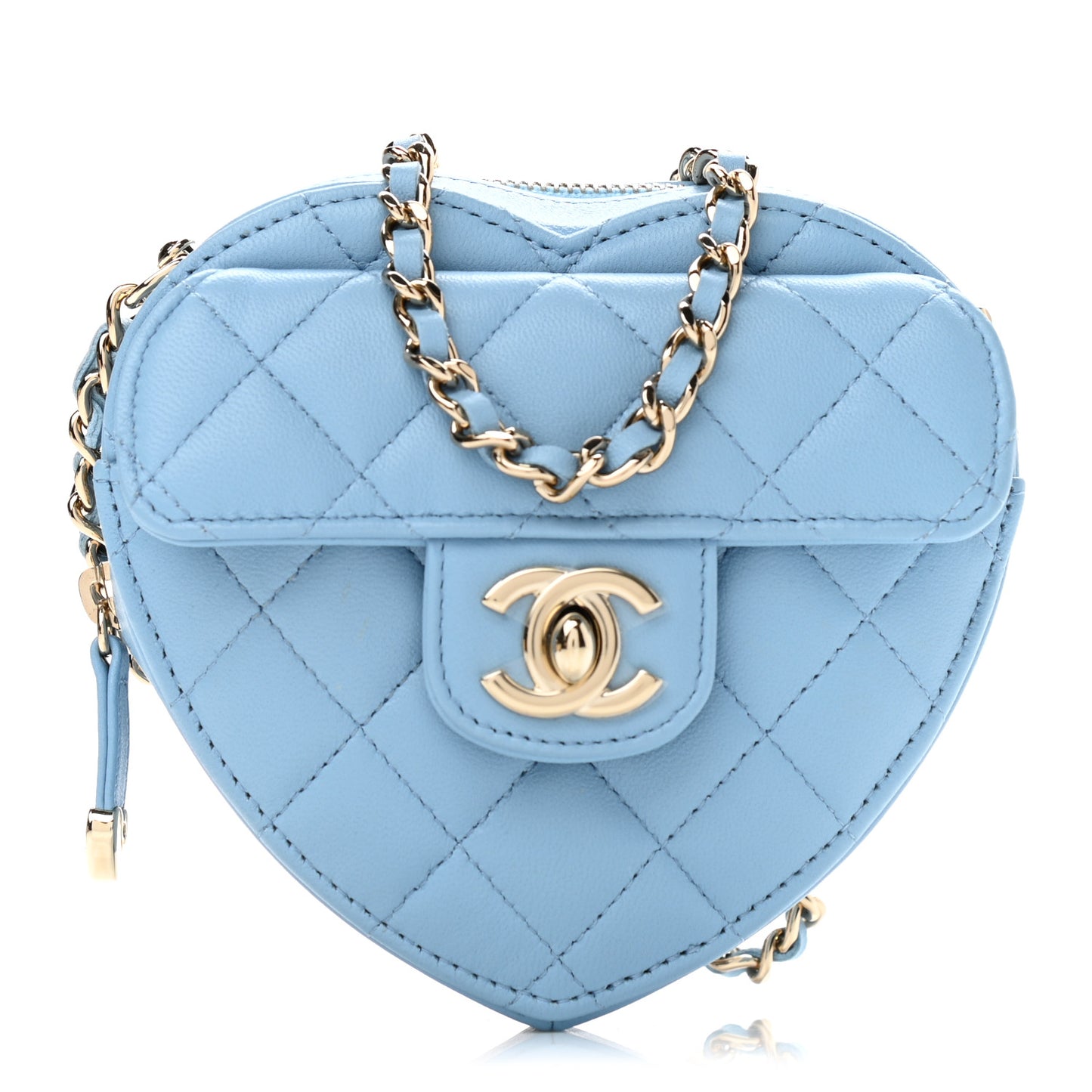 Lambskin Quilted CC In Love Heart Clutch With Chain Light Blue