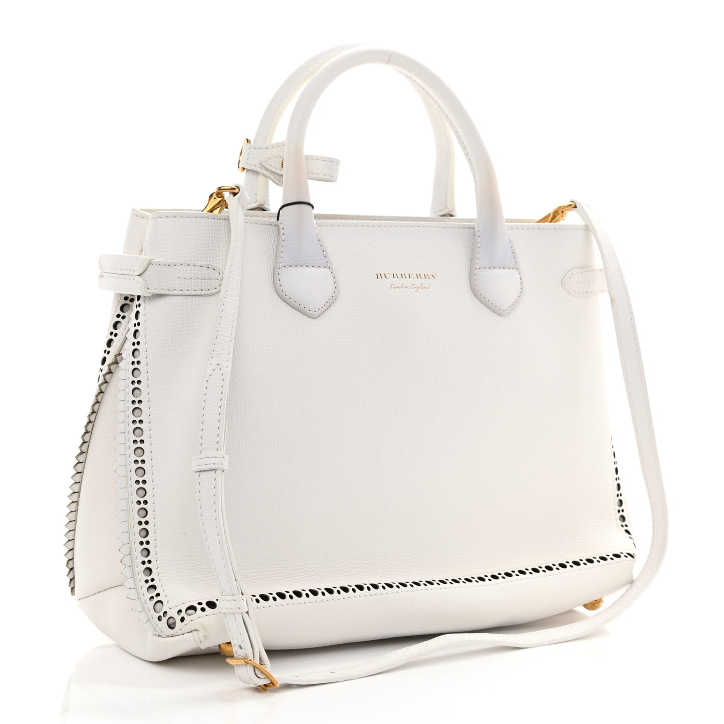 Grainy Calfskin Perforated Medium Broguing Tassel Banner Tote Chalk White