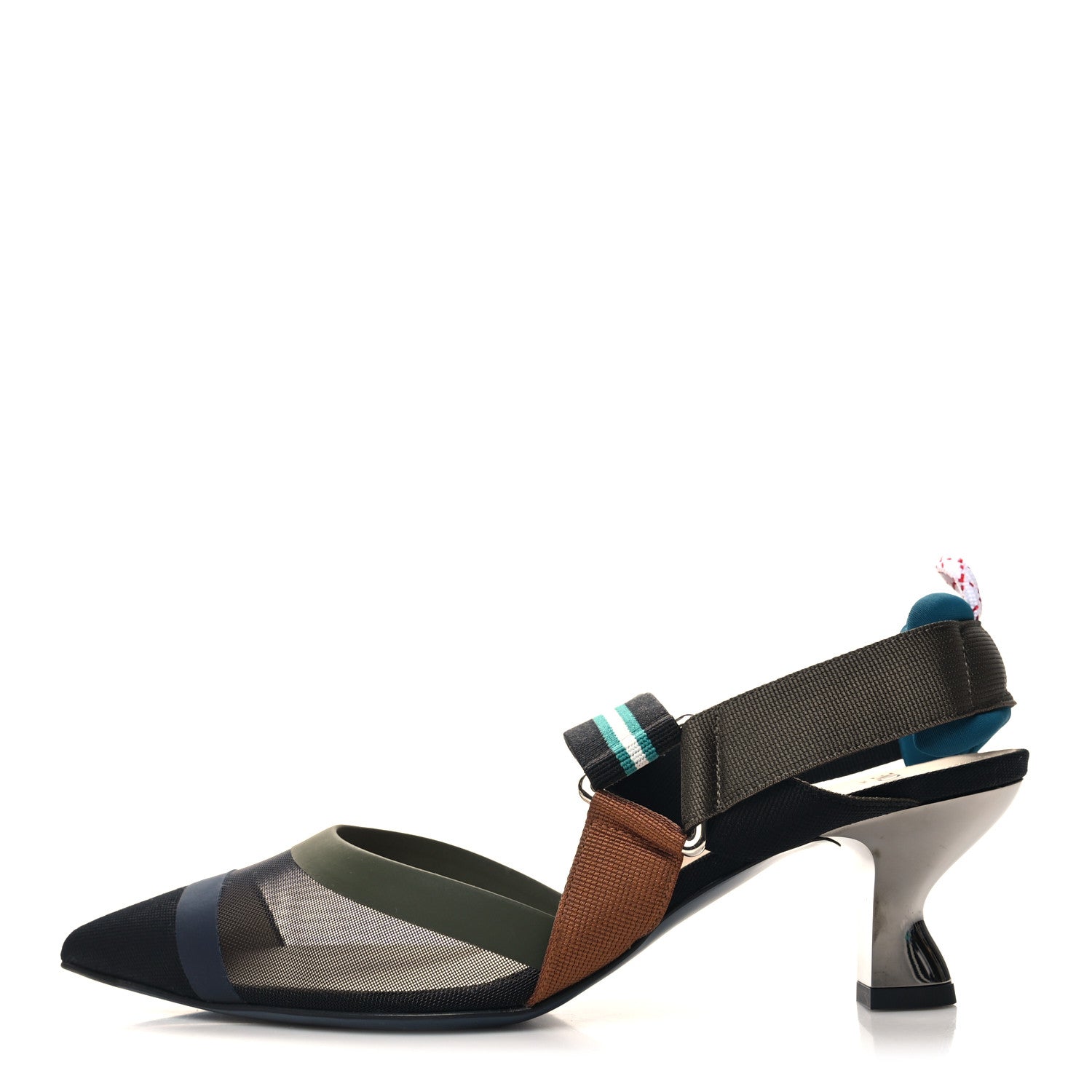 Fendi Technical Mesh Colibri 55mm Slingback Pumps 38 Black Verde Military 1 of 7