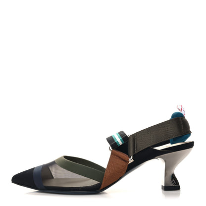 Fendi Technical Mesh Colibri 55mm Slingback Pumps 38 Black Verde Military 1 of 7