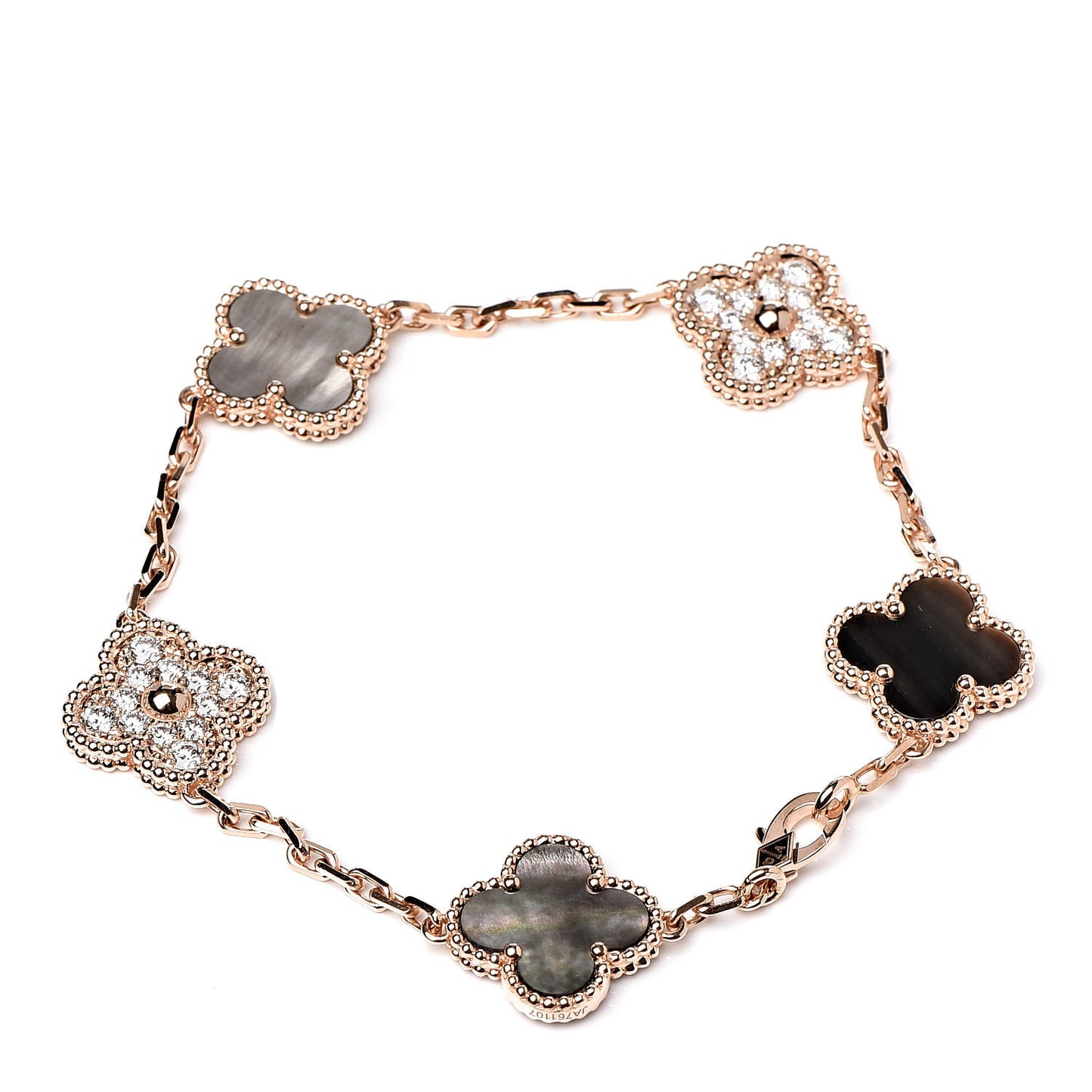 18K Rose Gold Diamond Gray Mother of Pearl 5 Motifs Vintage Alhambra Bracelet