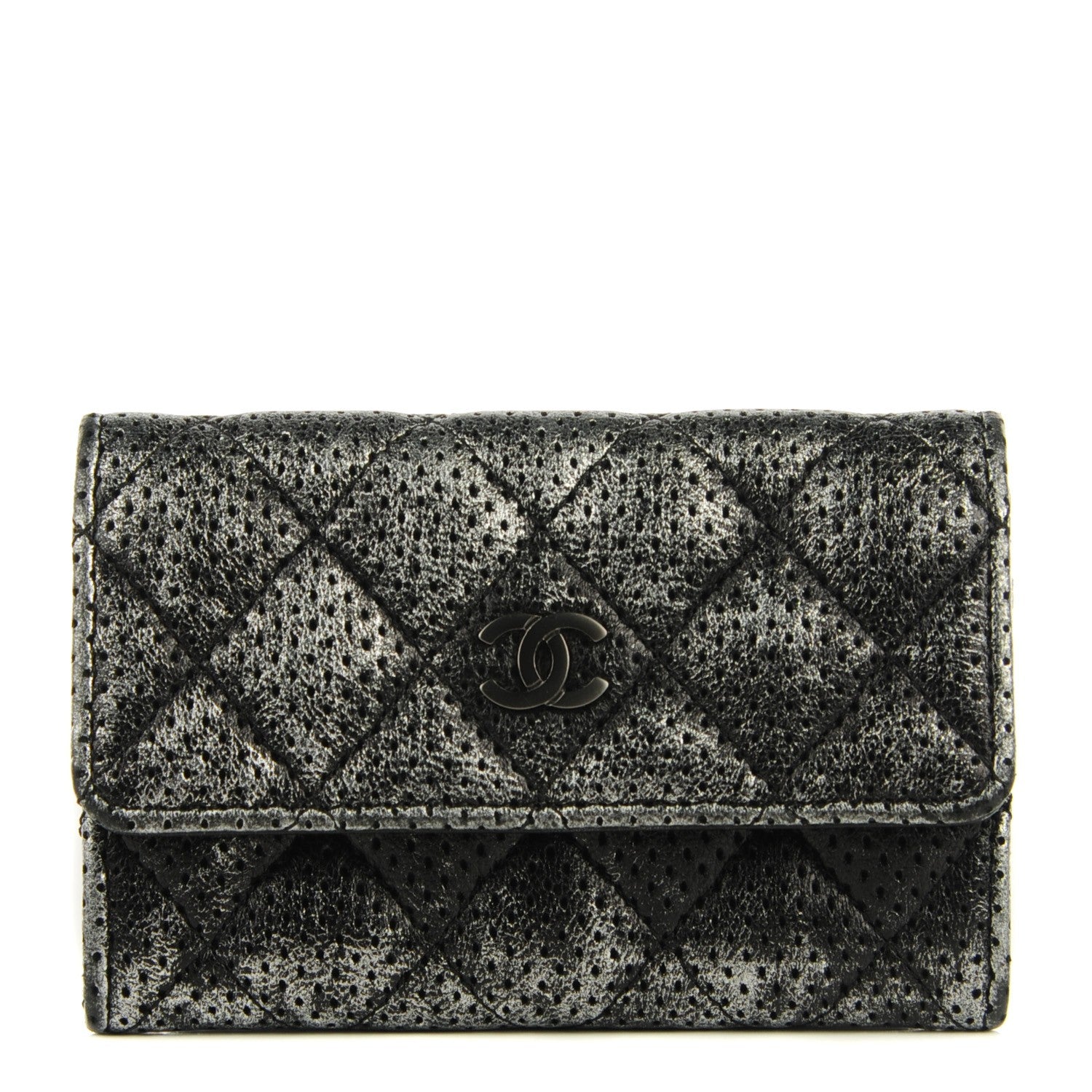 Chanel Metallic Calfskin Perforated Quilted Card Holder Grey 1 of 7