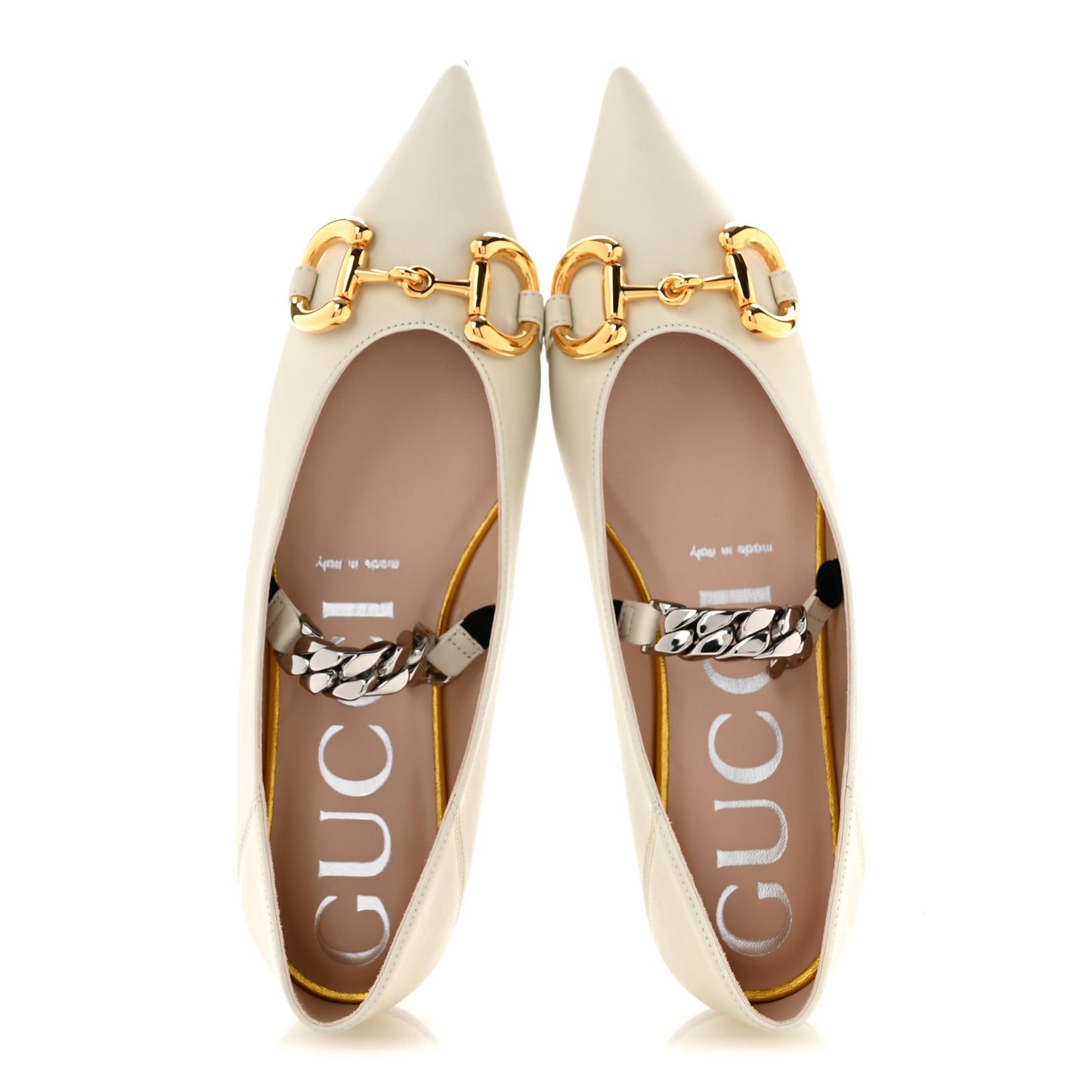 Nappa Lumiere Deva Horsebit Chain Embellished Flats 35.5 Dusty White
