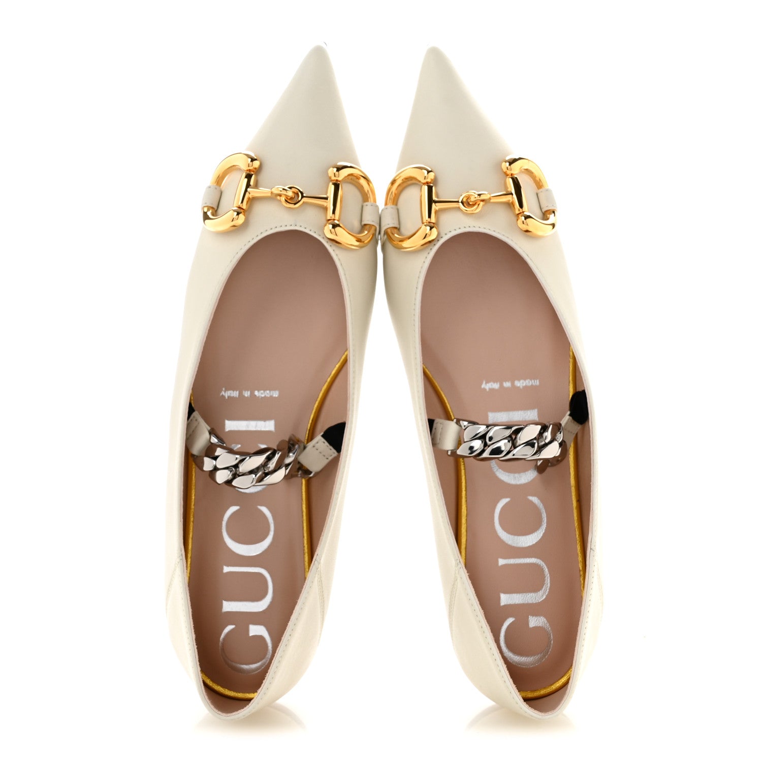 Gucci Nappa Lumiere Deva Horsebit Chain Embellished Flats 35.5 Dusty White 2 of 10