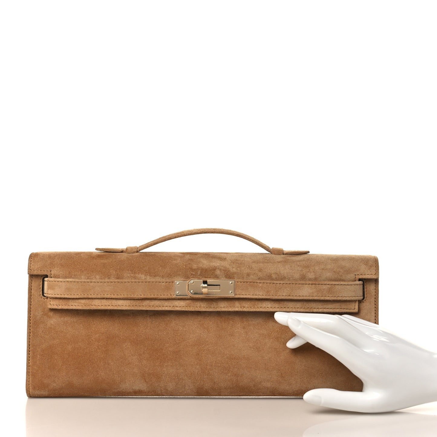 Veau Doblis Suede Kelly Cut Clutch Pochette Ocre