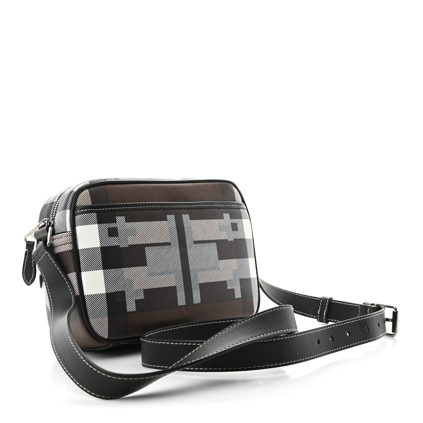 E-Canvas Calfskin Geometric Check Paddy Messenger Dark Birch Brown White