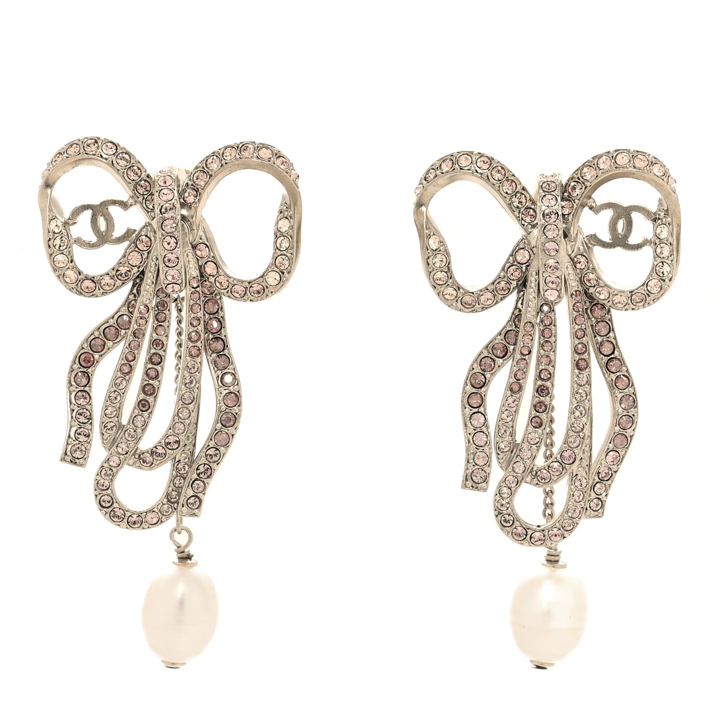 Crystal Pearl Bow CC Clip On Earrings Silver Pink
