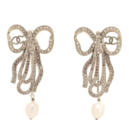 Chanel Crystal Pearl Bow CC Clip On Earrings Silver Pink 1 of 5