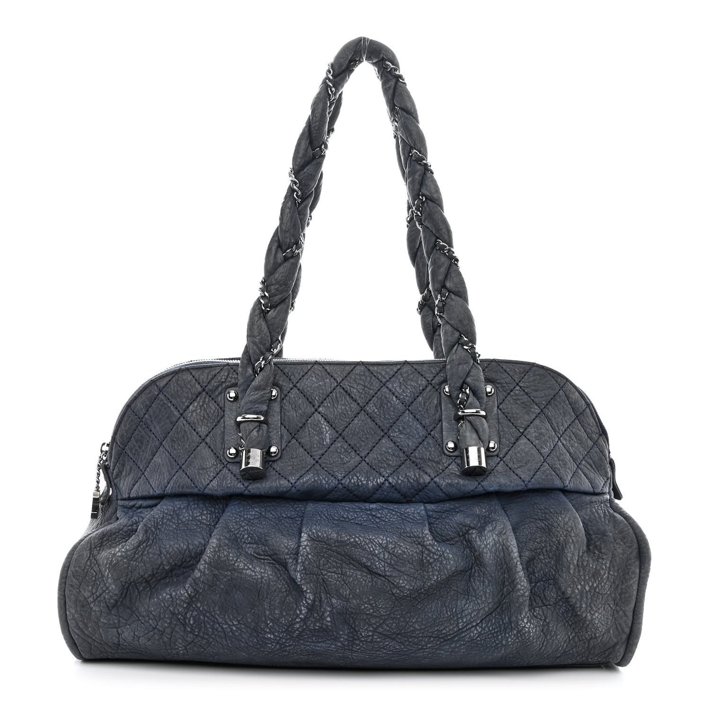 Distressed Lambskin Lady Braid Large Satchel Dark Blue